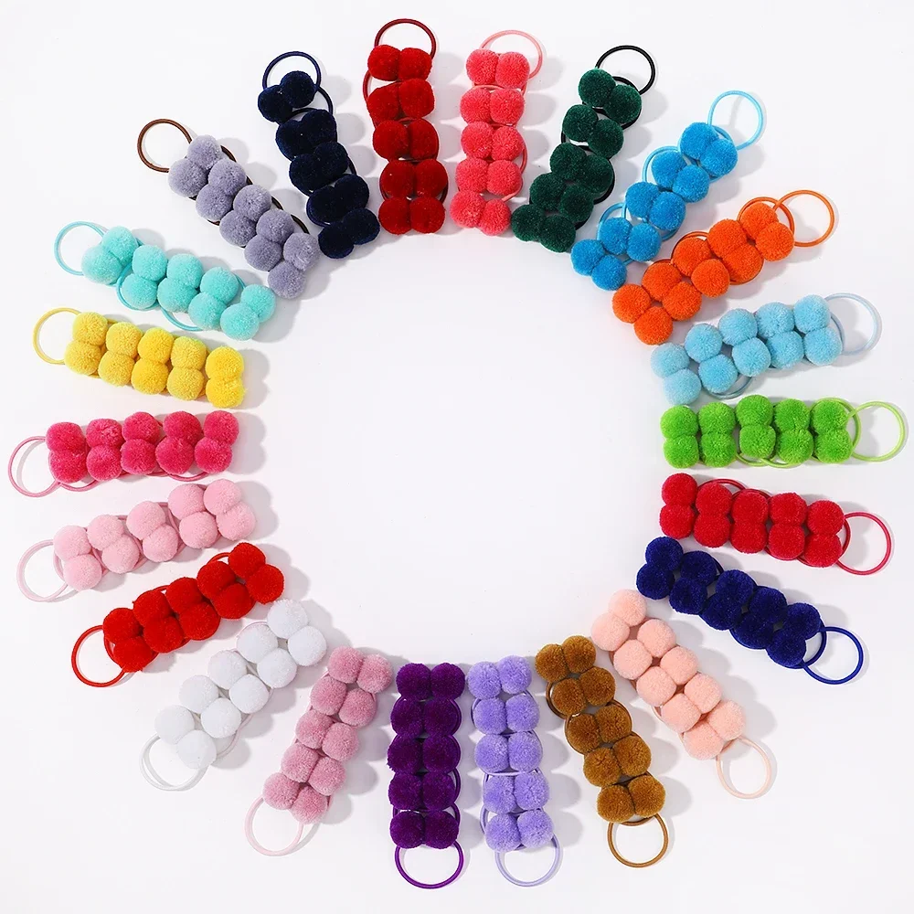 10Pcs Solid Color Baby Hair Ties Handmade Girls Winter Kids Fur Ball Rubber Band Polytail Hair Rope Hair Accessories Wholesale