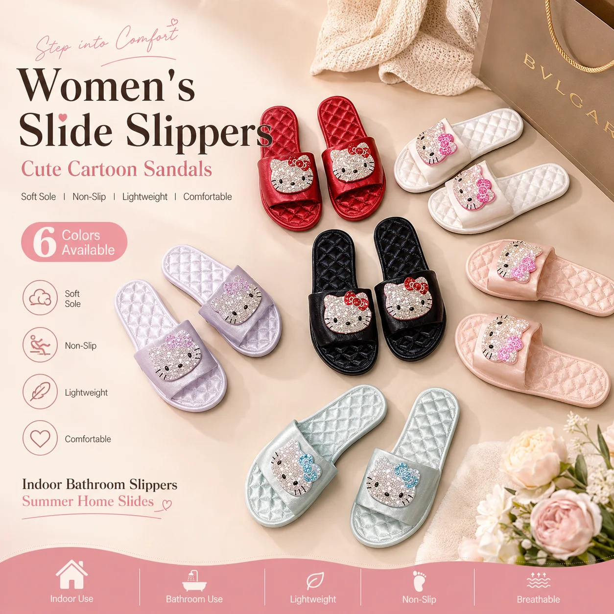

Sanrio Hello Kitty Summer Women Rhinestone Satin Slide Slippers Cute Cartoon Bling Bling Sparkly Crystal Indoor Outdoor Sandals
