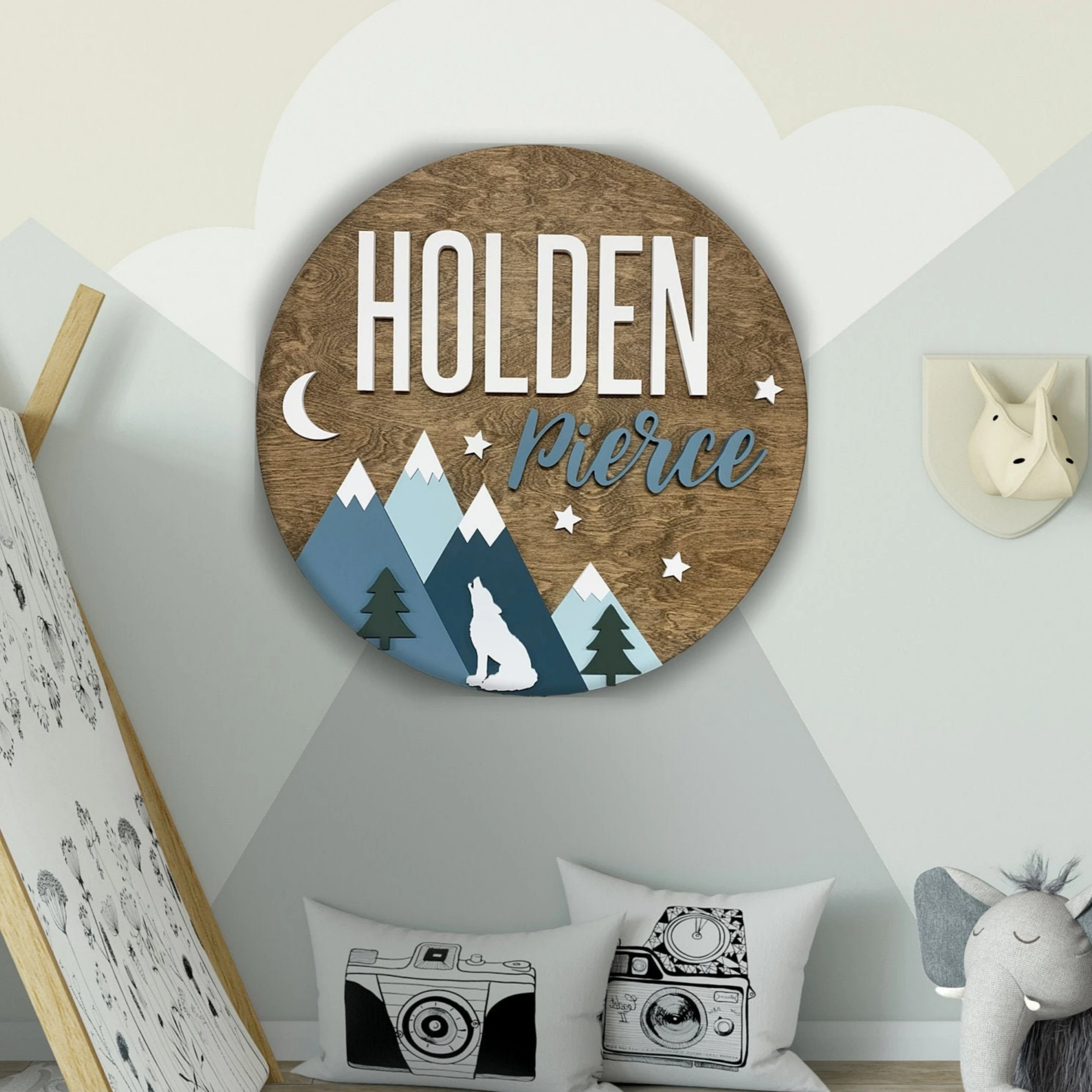 Custom Wooden Mountain Name Sign Wolf Woodland Theme Personalized Nursery Sign Outdoor Baby Room Decor Custom Wooden Baby Sign