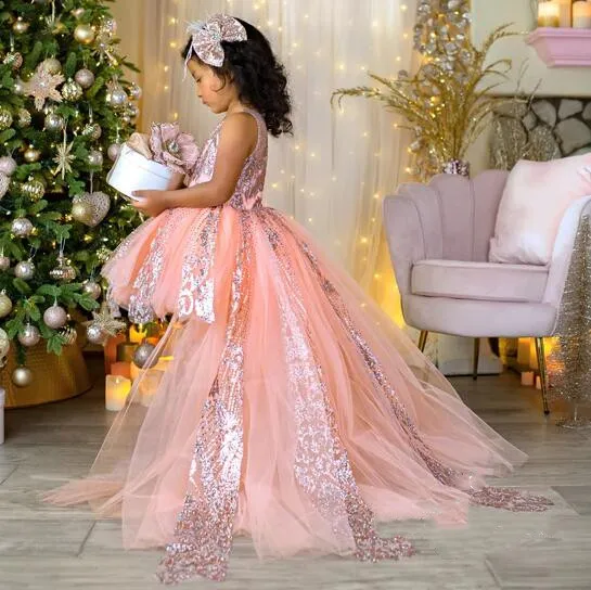 Puff Pink Flower Girl Dresses for Wedding 2024 New Arrived Glitter Tulle Girls Pageant Gowns Kids First Communion Dress