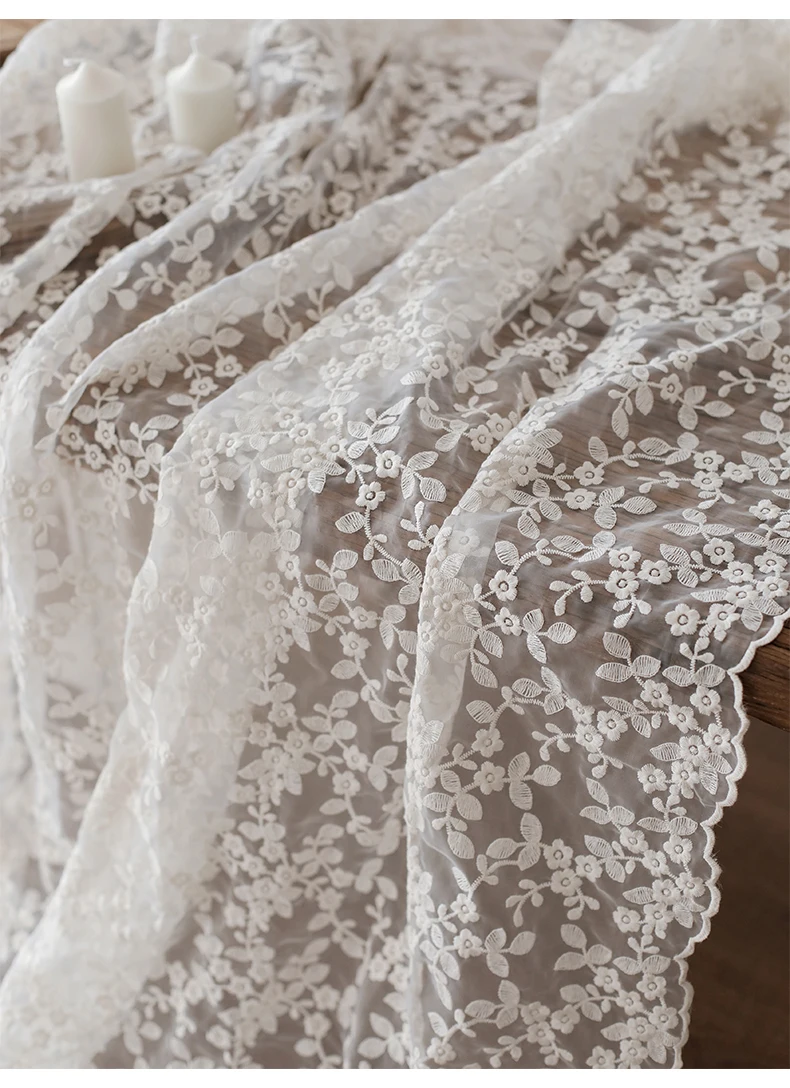 Beige Floral Embroidery Organza Fabric for Wedding Dress Curtain Lace Decoration By The Meter