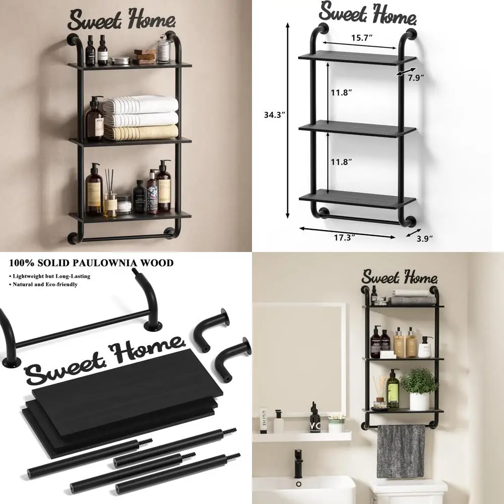 

rustic farmhouse 3-tier wall mounted pipe shelves, industrial floating shelf decor for bathroom, kitchen, bedroom, living room -