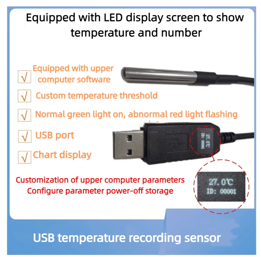 Sensor de transmisión de temperatura inteligente USB DS18B20 pantalla de alarma de registro de colección curva