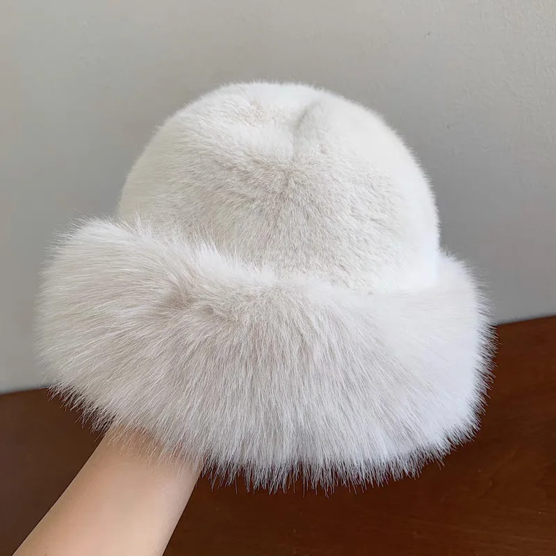 Winter Hat For Women Faux Fur Fluffy Bucket Hat Female Luxury Plush Thicken Snow Fur Bucket Hat Soft Panama Cap Fashion Headgear