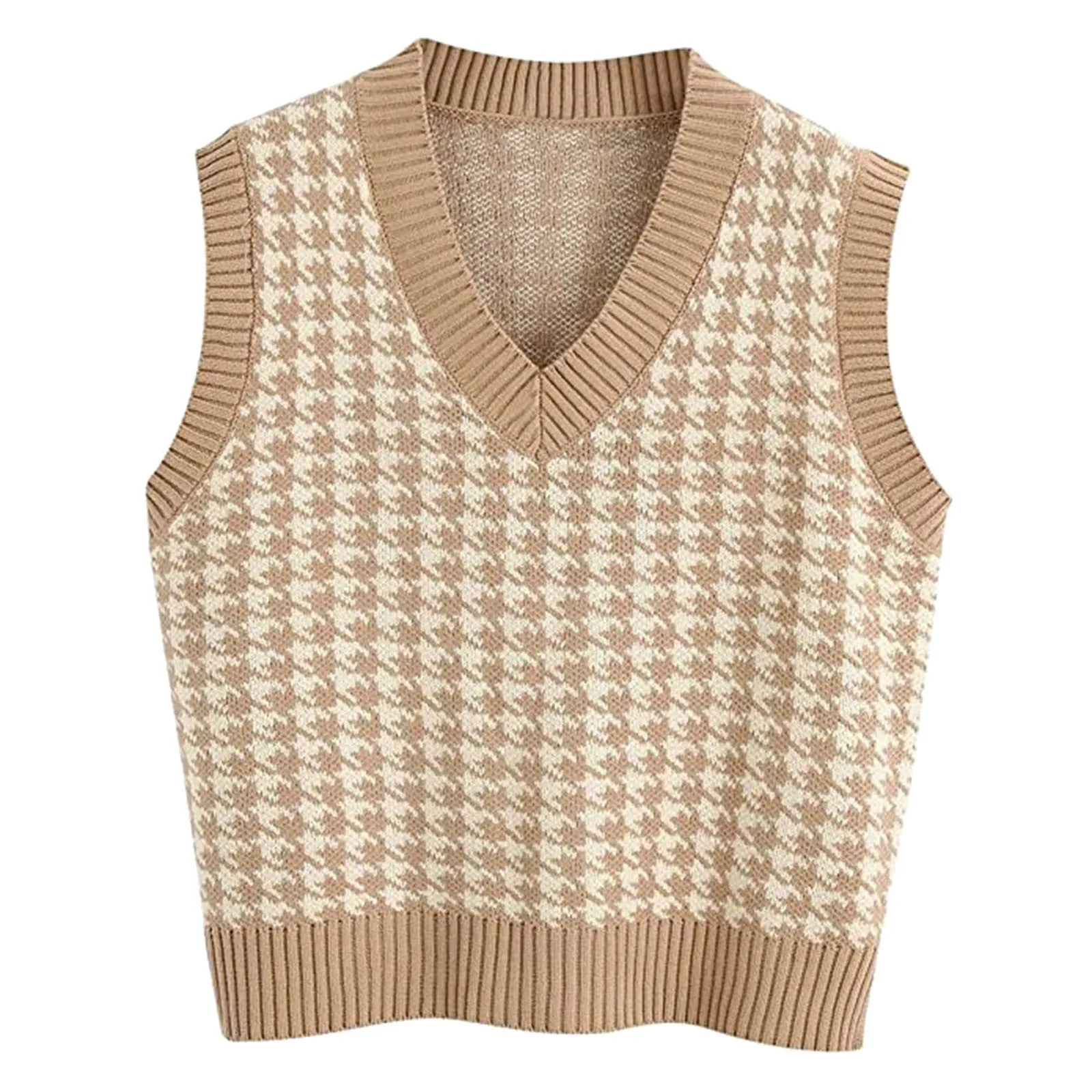 2024 Casual Knitted Fall Winter Sweet Jumper Korean Knitwear Sleeveless Geometric Houndstooth Sweater Vest Women V Neck Pullover