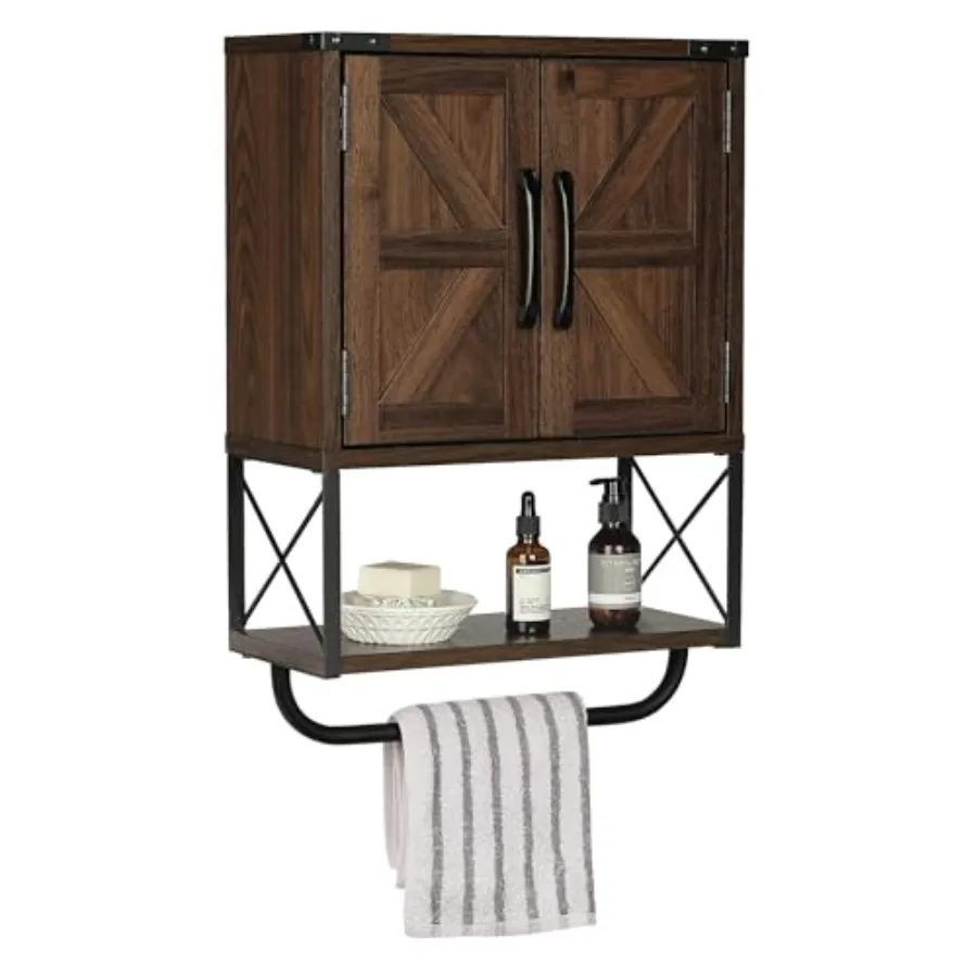 

Настенный деревянный шкаф-тумба в стиле фермерского дома с двумя дверцами-амбарными, регулируемой полкой и вешалкой для полотенец, 3-уровневый