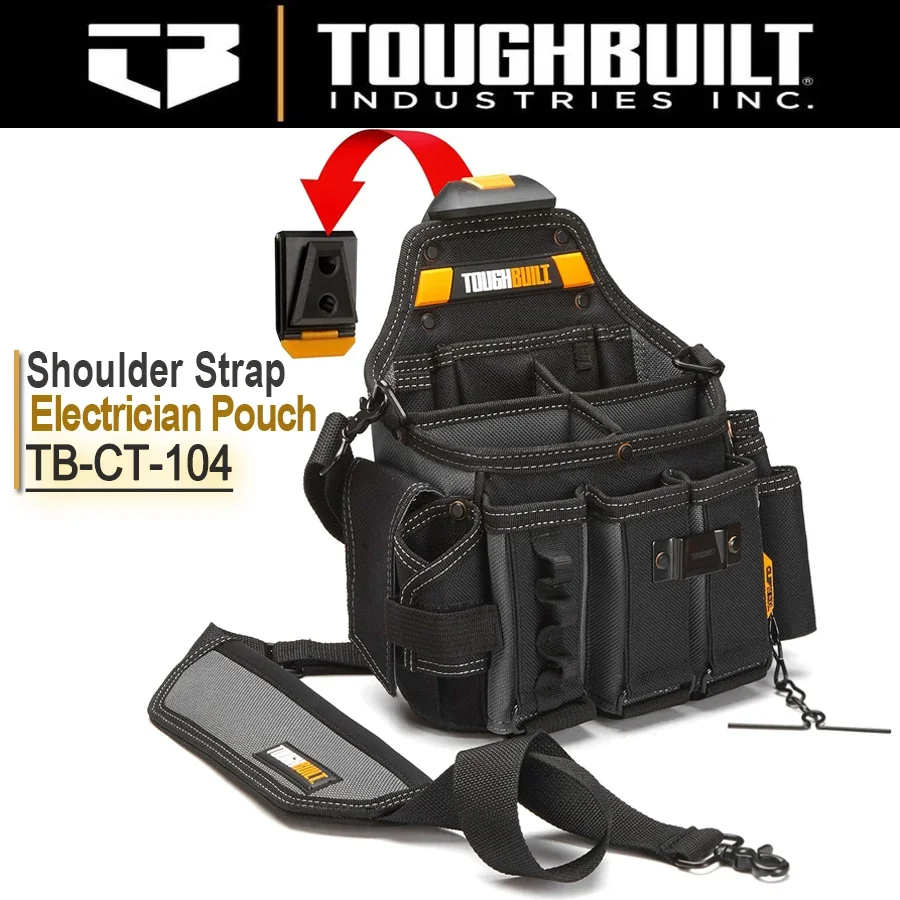 ToughBuilt TB-CT-104 Electrician Pouch + Shoulder Strap, 25 Compartments and Loops, Black, Heavy Organizer Tool Pouch