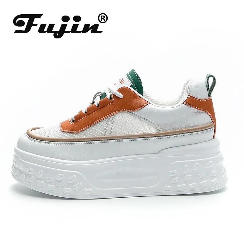 

Fujin 7cm New Genuine Leather Air Mesh Hidden Heels Chunky Sneaker Vulcanize Women 2024summer Thick Soled Hollow Platform Wedge