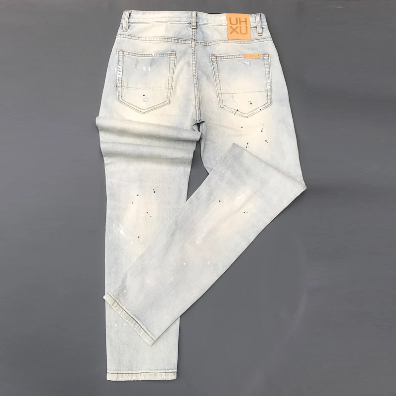 Street Fashion Designer Men Jeans Retro Washed Light Blue Stretch Slim Fit Ripped Jeans Men Painted Vintage Denim Pants Hombre