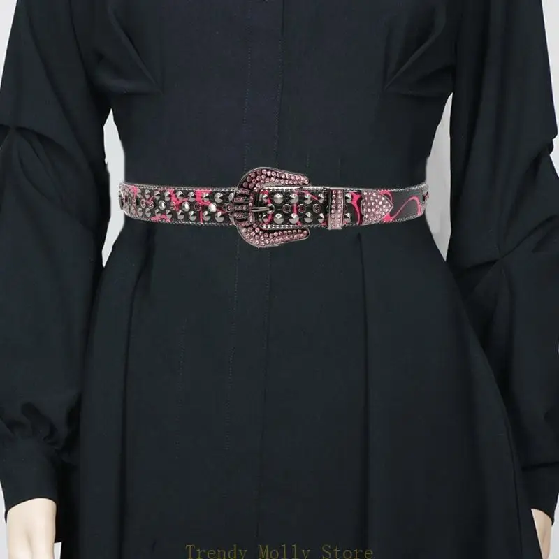 

N5KB PU Leather Waist Belt with Rivet Decors Diamond Waist Belt for Girl Women Decorative Waist Belt for Coat Skirts Jeans
