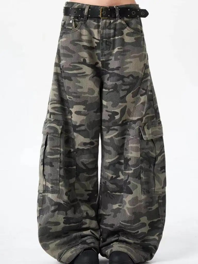 Amerikaanse retro camouflagemesjeans met wijde pijpen ex Loose Fit werkkleding High Street Trend Jeugd Casual katoenen denim