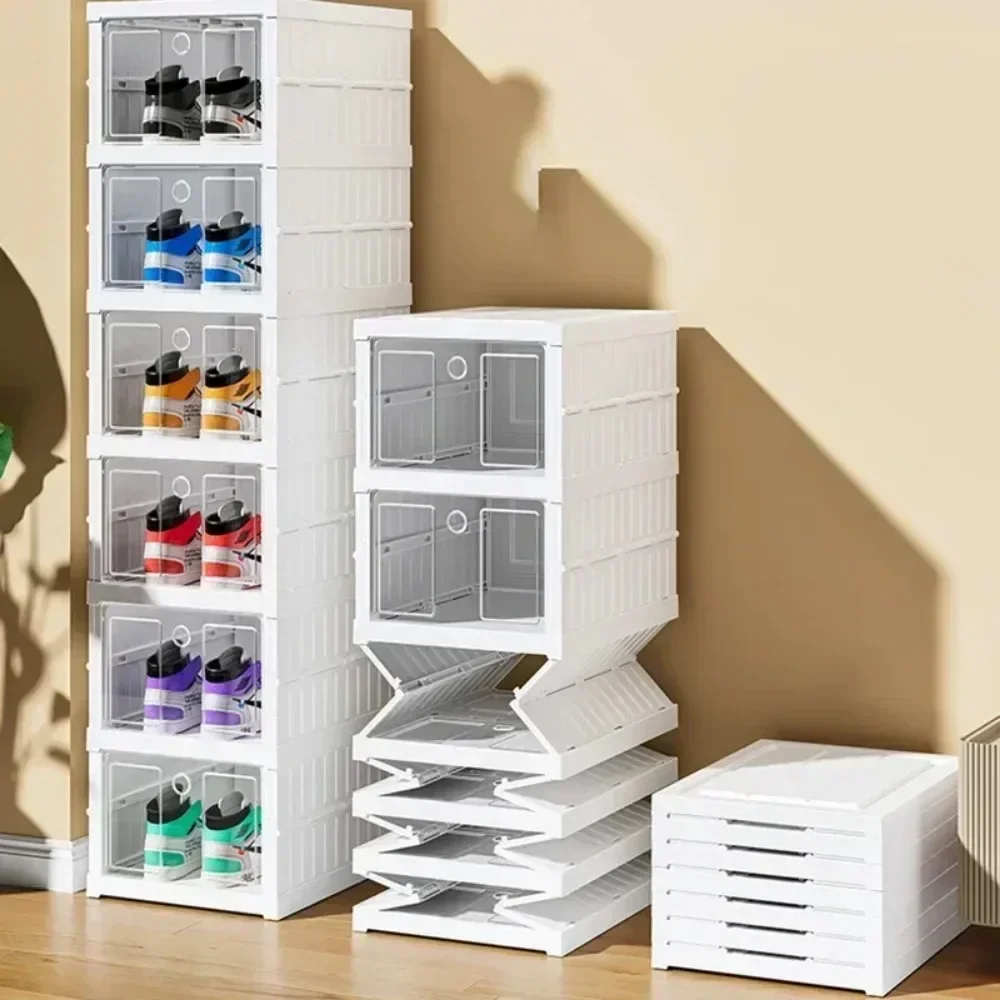 Foldable Shoe Box Storage Organizer Dustproof Stackable Transparent Sneaker Rack for Living Room Installation Free Shoes Cabinet