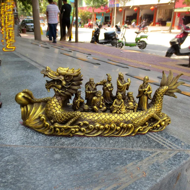 large- office SHOP TOP efficacious Money Drawing GOOD LUCK Mascot # Asia Eight Immortals Dragon Boat FENG SHUI Brass statue