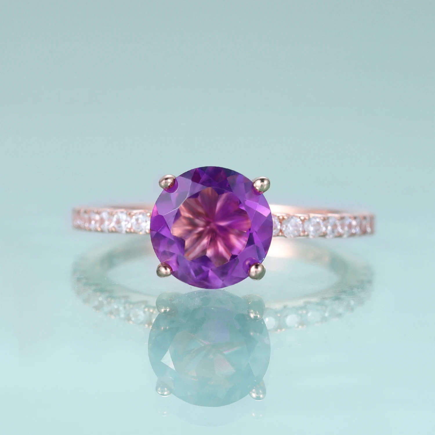 GEM'S BALLET February Birthstone Vintage 8mm Round Natural Amethyst Engagement Ring 925 Sterling Silver Dainty Promise Ring