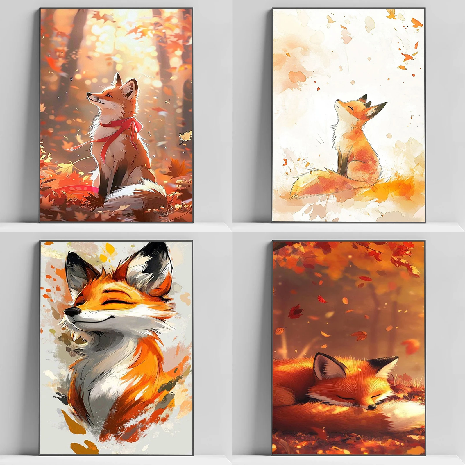 

Cute Fox Autumn Leaf Decoration Poster Picture on the Wall Painting Canvas Interior Paintings Photos for Living Room Decor
