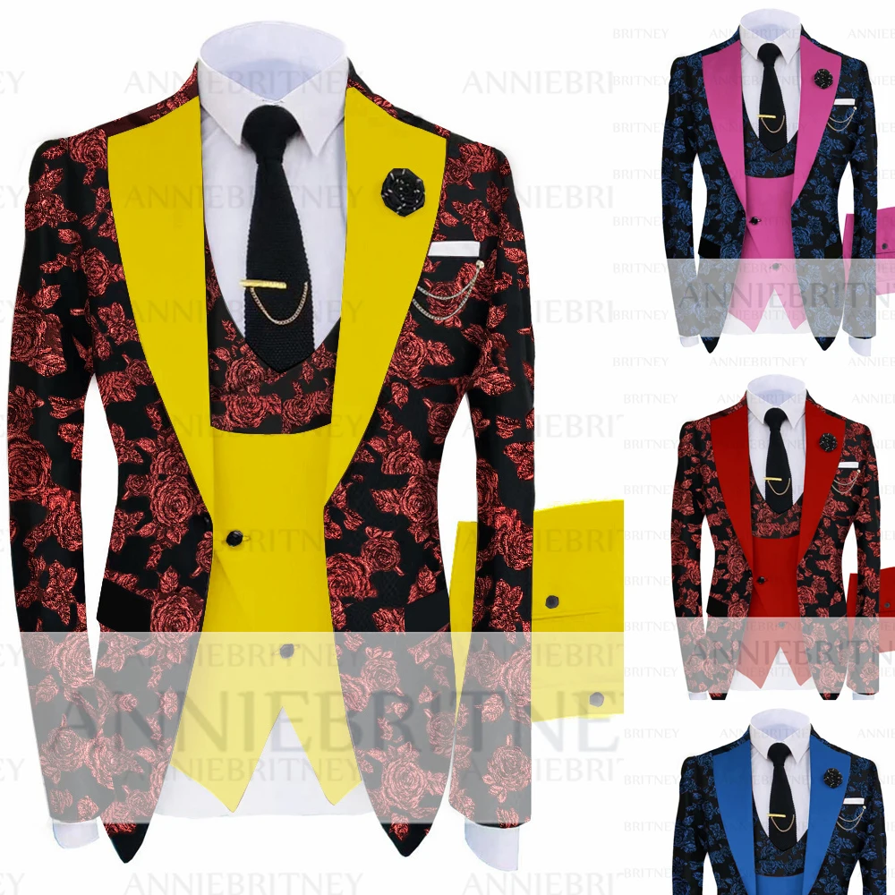 

2022 Fashion Red Floral Printed Men Suit 3 Pec Jacquard Groom Wedding Tuxedo Slim Fit Shiny Blazer Custom Suit Jacket Hot Pink