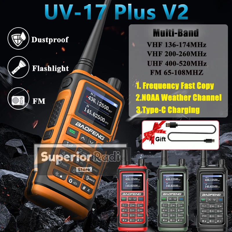 

Baofeng UV-17 Plus V2 Walkie Talkie 10W High Power Type C Charging VHF UHF NOAA 1.77 Inch LCD Screen FM Wireless Copy Frequency