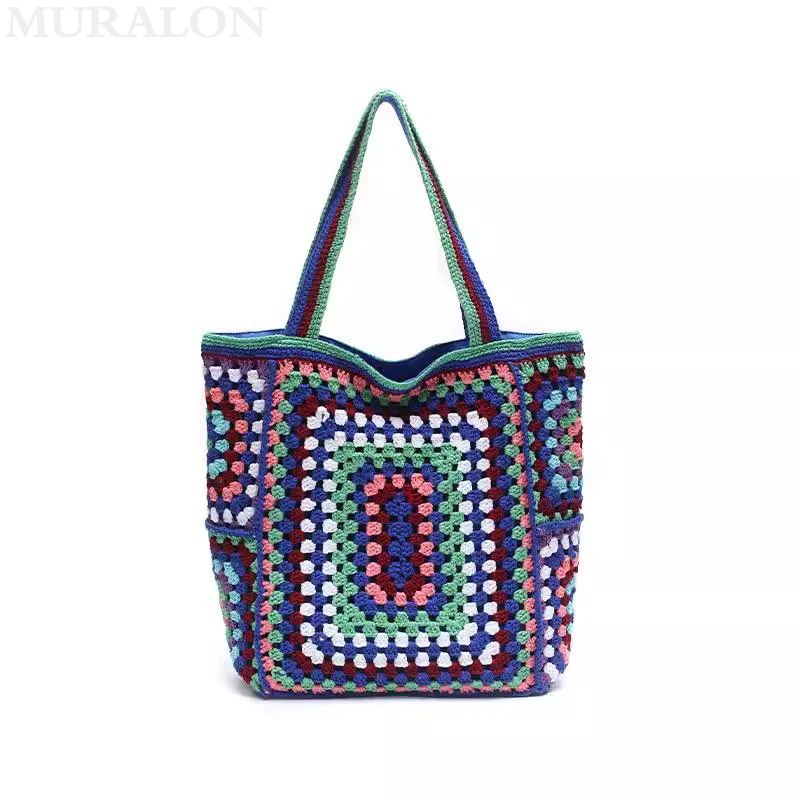 Colorful Crochet Boho Shoulder Bag Handmade Knitting Mixed Color Vintage Style Beach Bag Fashion Beige Blue Totes