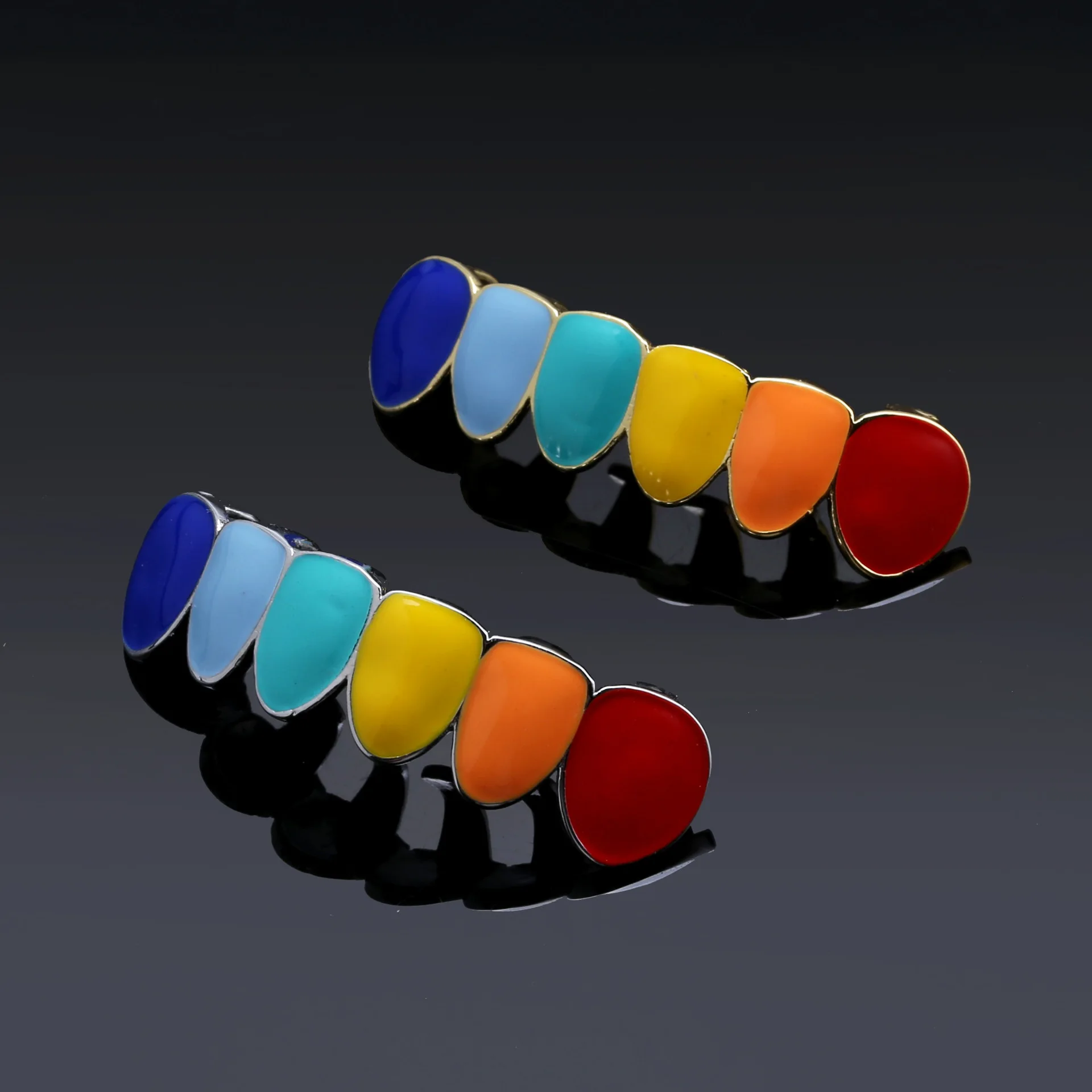 Single Row Rainbow Enamel Lower Grillz Gold Plated Colorful Glossy Teeth Cap Hip‑Hop Rapper Grill For Party Cosplay Accessory