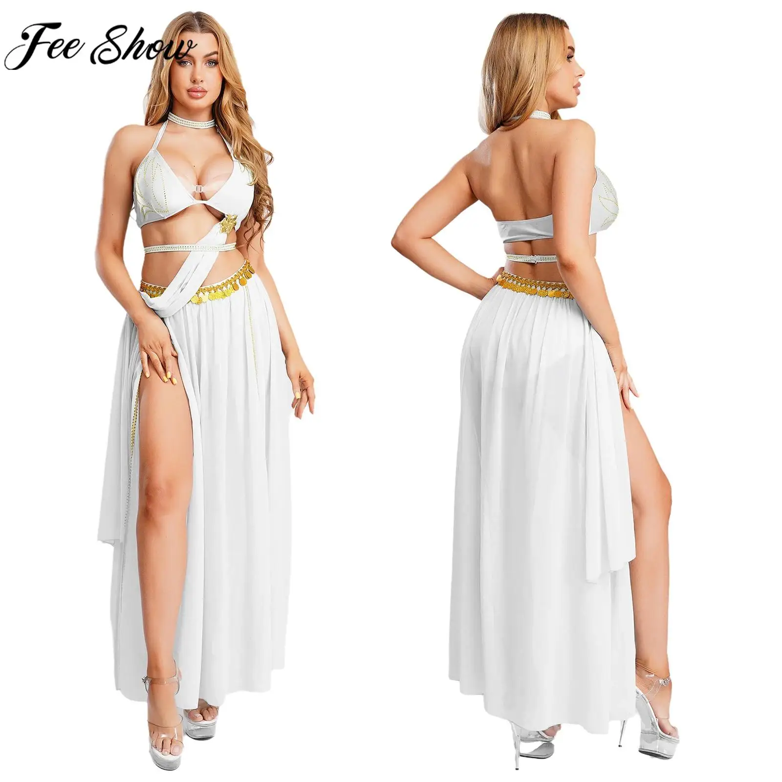 

Women Halloween Cleopatra Ancient Egyptian Queen Cosplay Costume Rhinestone Sequin Tassel Belly Dance Chiffon Leotard Dress