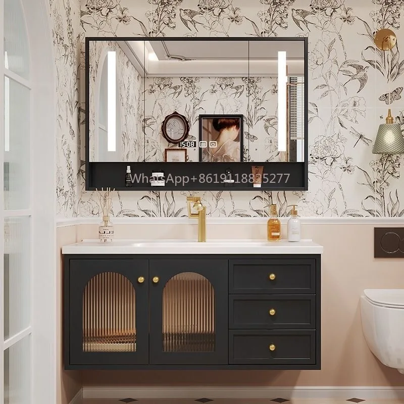 Kabinet penyimpanan terintegrasi Vanity kamar mandi kapasitas besar kabinet cermin Makeup cerdas kamar mandi 120cm hitam