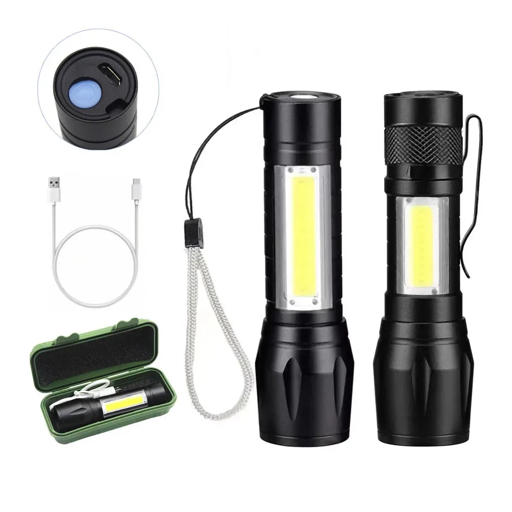 

Portable LED Flashlight Zoom Focus Torch Lamp Rechargeable USB Lantern COB Built In Battery Q5 Waterproof Camping Lights