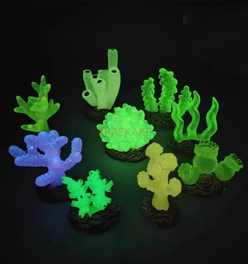 Nuevo modelo de coral de simulación luminosa de resina, pecera de acuario, joyería de arrecife de coral con luz nocturna oceánica, adornos de hierba de agua