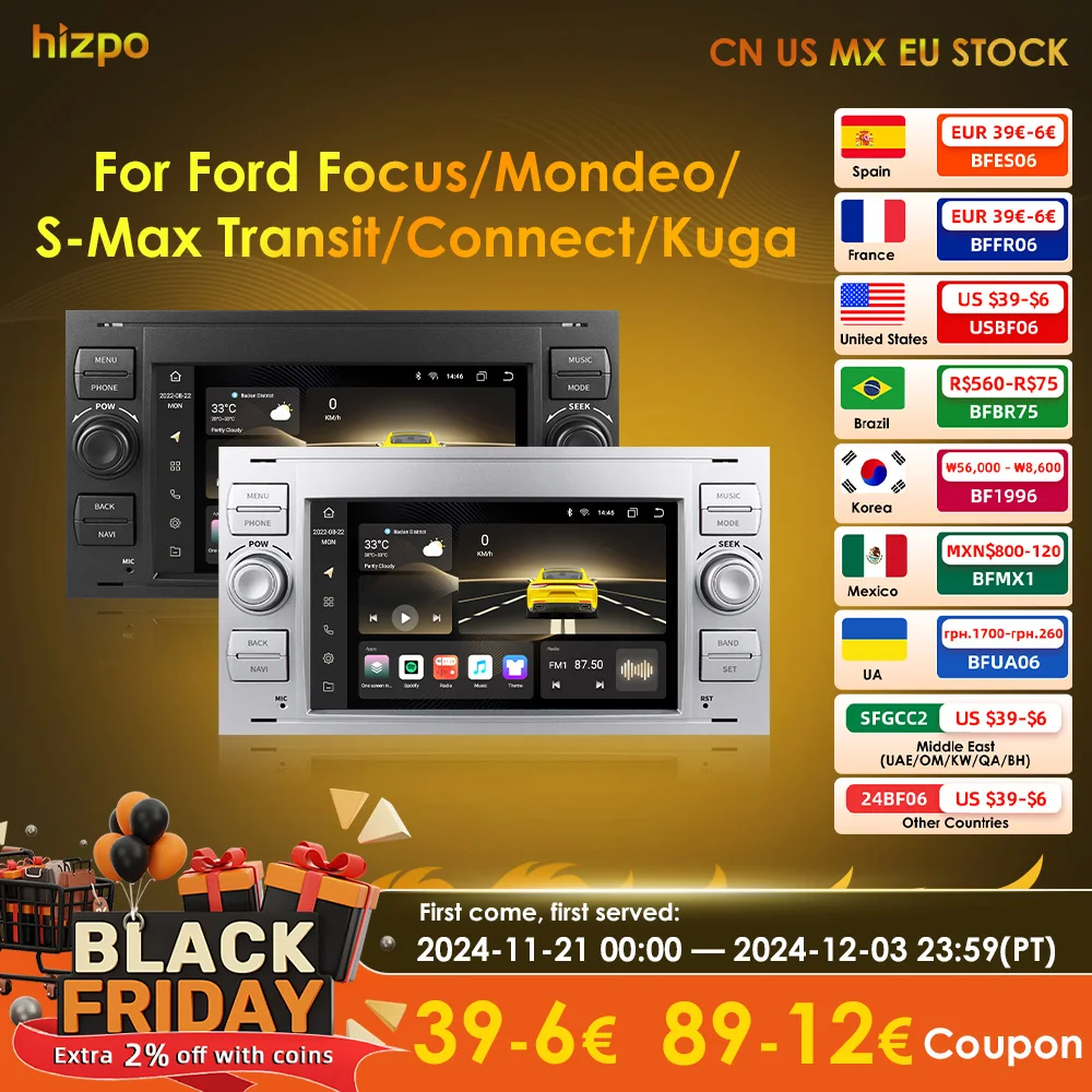 Hizpo 2 Din Android Autoradio Stereo GPS Carplay Car Radio For Ford Focus 2 Mondeo S/C-Max Kuga Fiesta Fusion Multimedia Video