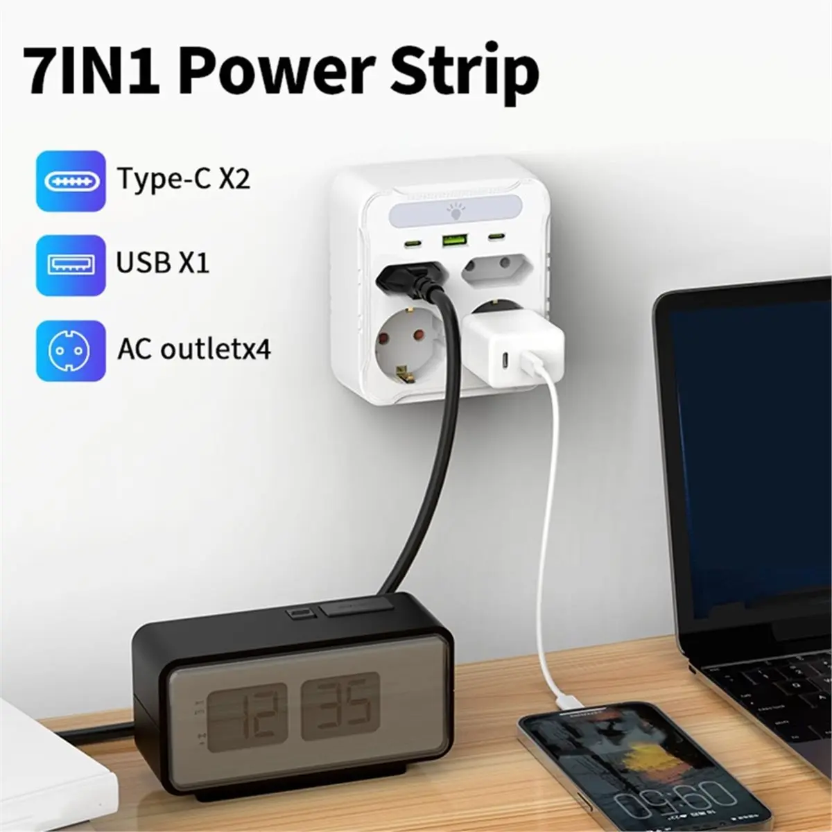 update. Wall Socket Power Strip with Light 4 AC Outlets 2 USB Ports 1 Type-C Charger Switch for Home Power Socket-EU Plug White