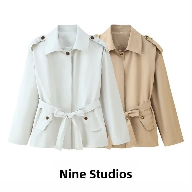 

NINE ZA Women's ort Loose Coat Pure Color with Belted Collar Jaet Polyester Fiber Long Sve Commute Sle Faion
