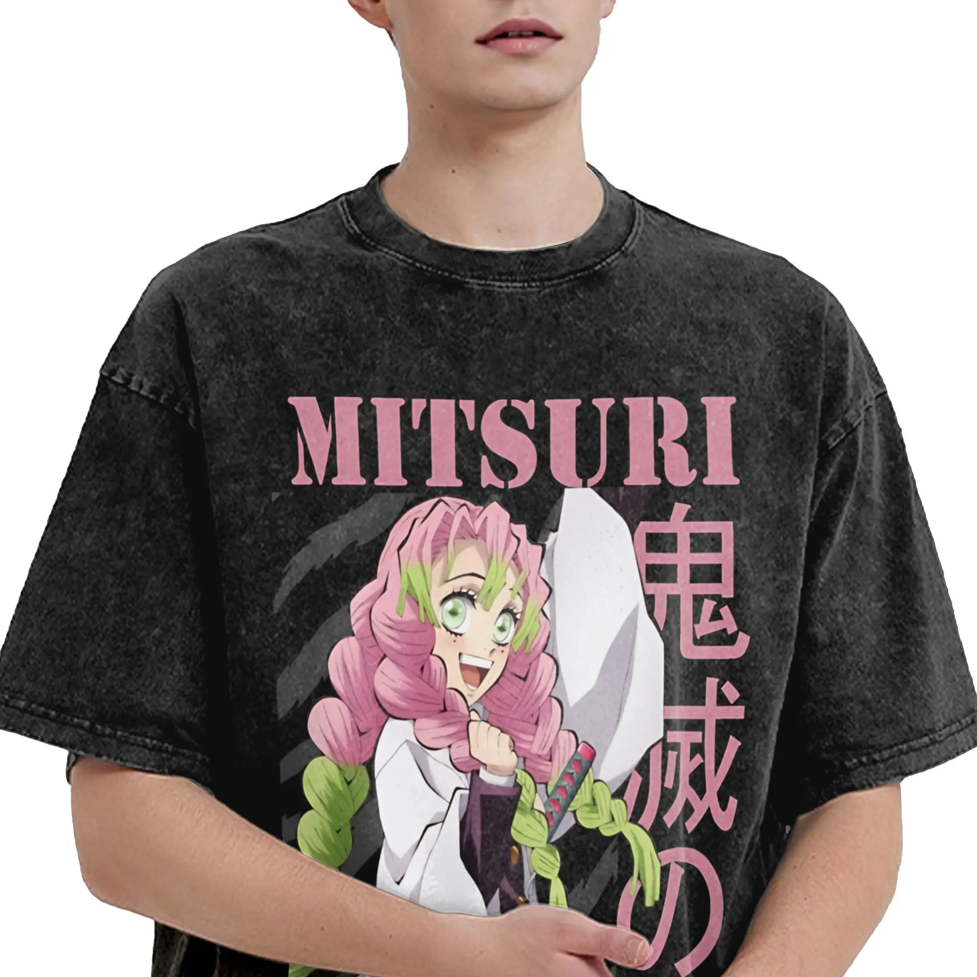 Mitsuri Demon Slayer Manga camiseta Hip Hop lavado 100% algodón High Street camiseta Vintage hombres mujeres Tops ropa de calle camisetas de verano