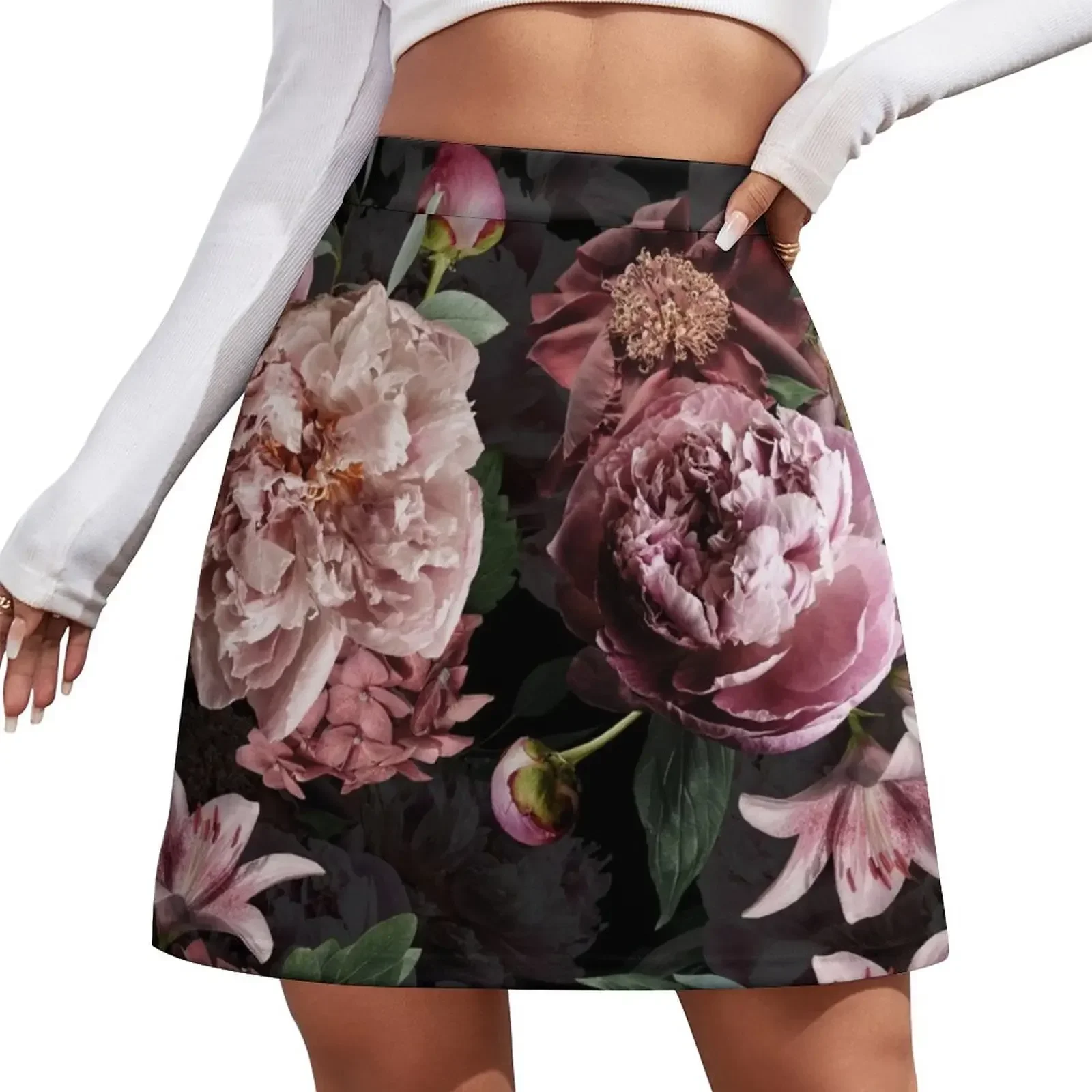 Blush Peonies On Black Real flowers Pattern Mini Skirt Female clothing summer outfits for women 2024