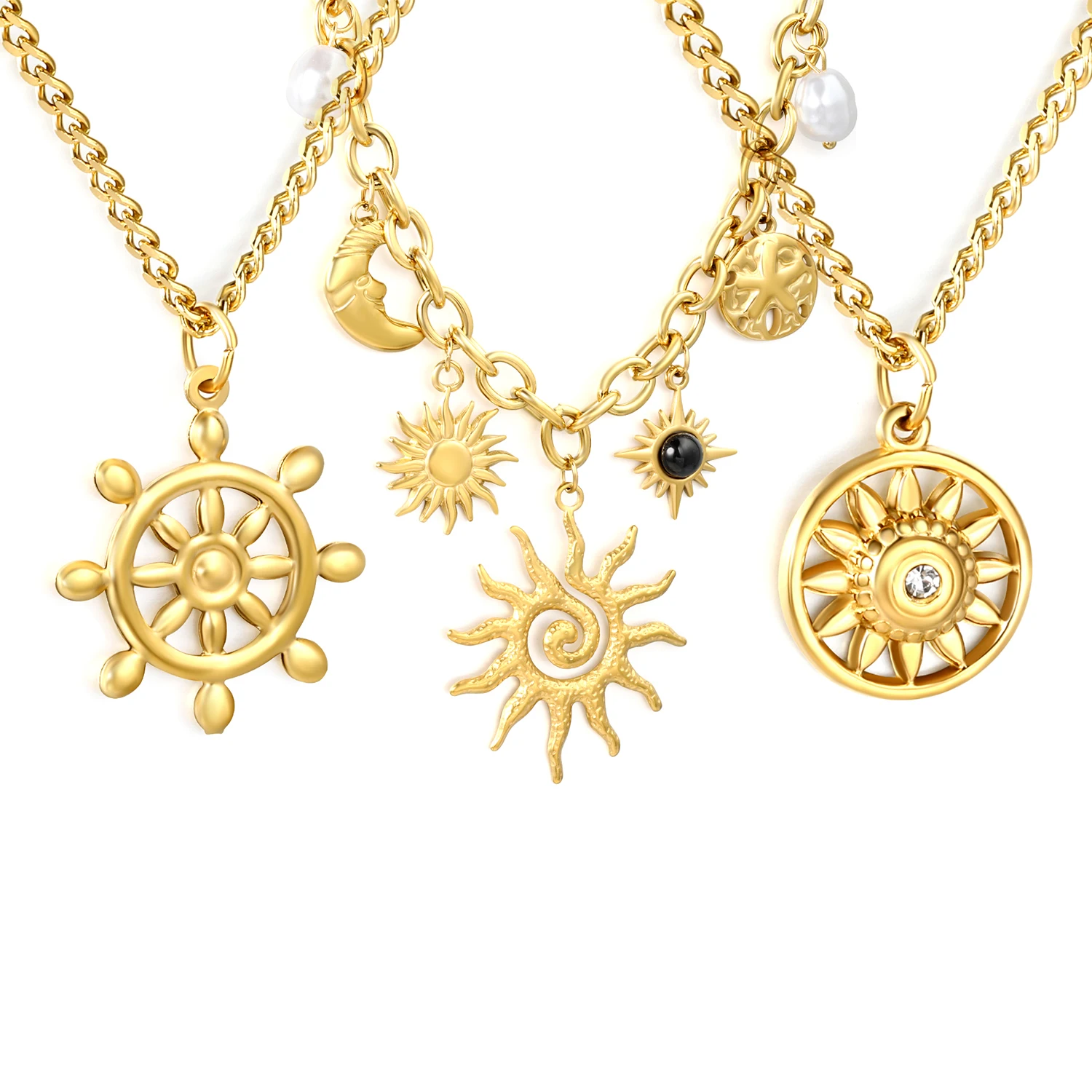 Vintage Mode Nischen-Sonnenanhänger-Halskette für Männer, Trendiges Hip-Hop-Accessoire, Edelstahl Vergoldet Wasserdichter Schmuck
