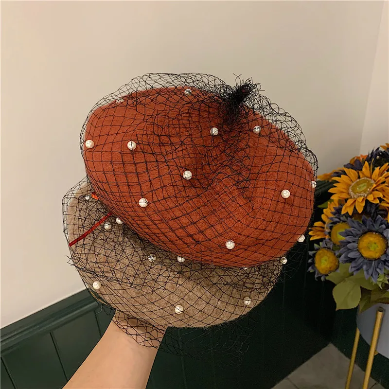 New Fashion Autumn Winter Female Beanie Beret Pumpkin Women Mesh Veil Wool Beret Luxury Sparkling diamond Pearl Painter Hat