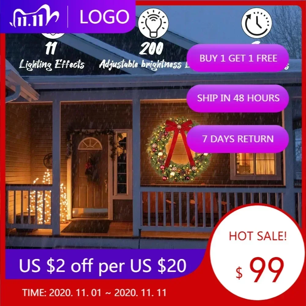 

Vlorart 48 Large Outdoor Christmas Wreath with 200 LED Lights, Artificial Pre-lit Decor for Home Exterior