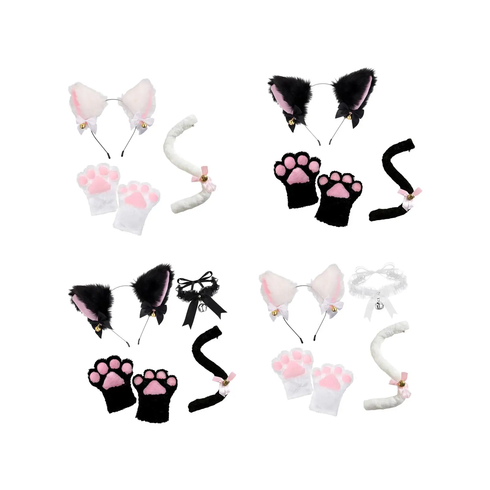 Orecchie di gatto coda e zampa Set per accessori per costumi di Halloween per cartoni animati da donna e ragazza