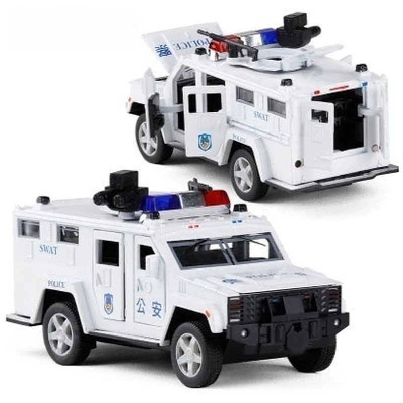 Camión antisecuestro SWAT de policía a escala 1:32, modelo de coche de aleación con luces intermitentes y extraíbles para niños pequeños