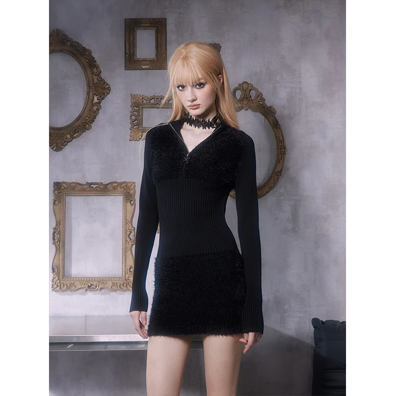 

High Cold Adult Lady like Woman Wind Sexy Slim Long Sleeve Black Sheath Knitted Dress Women's Waist-Tight Autumn and Winter Sexy