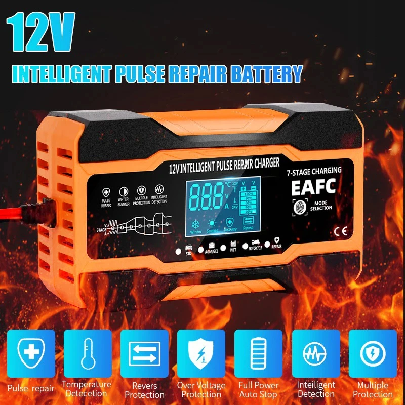 EAFC 12V Full Automatic Car Battery Charger12A/10A Digital Smart Battery Charger for SUV Truck Car AGM GEL WET Pulse Repair