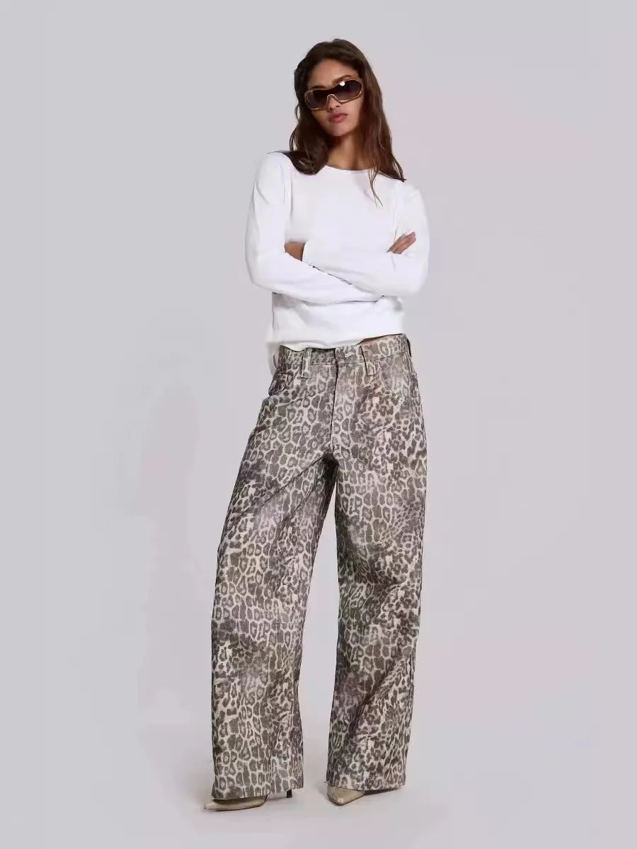 jaded london leopard-print trousers mid-rise wide-leg straight trousers slack-chic casual jeans