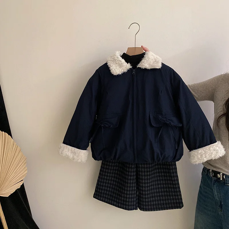 

Autumn Winter Children Girls Parkas Fleece Turn Down Collar Kids Baby Girls Warm Coat Versatile Zipper Velvet Outerwear For Girl