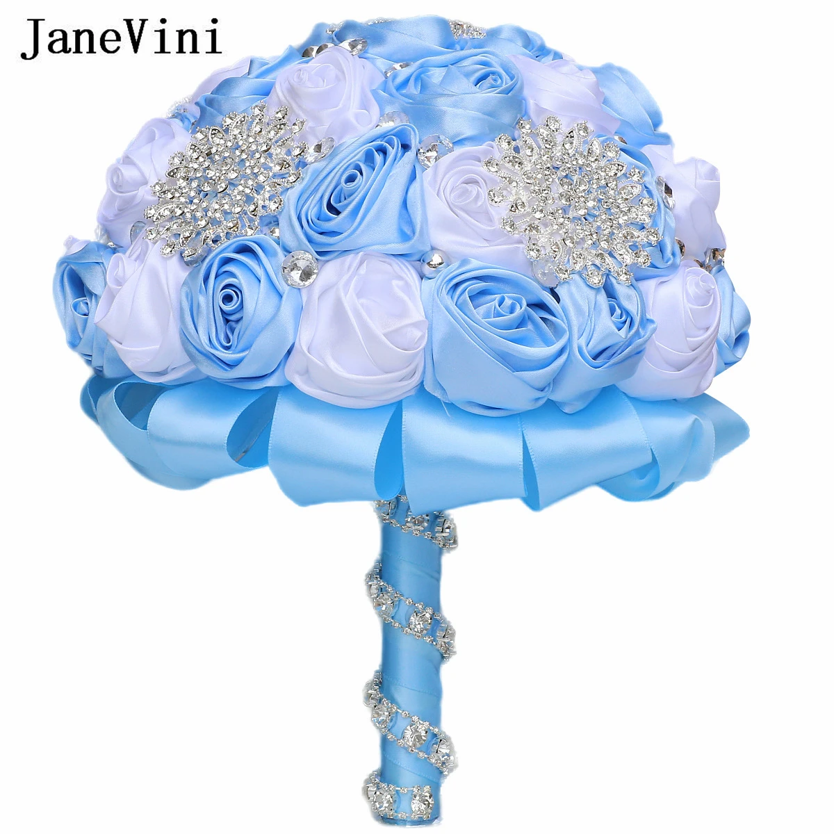 JaneVini-ramo de flores de boda azul claro y blanco brillante, joyería de plata, diamantes de imitación, Accesorios para Novias