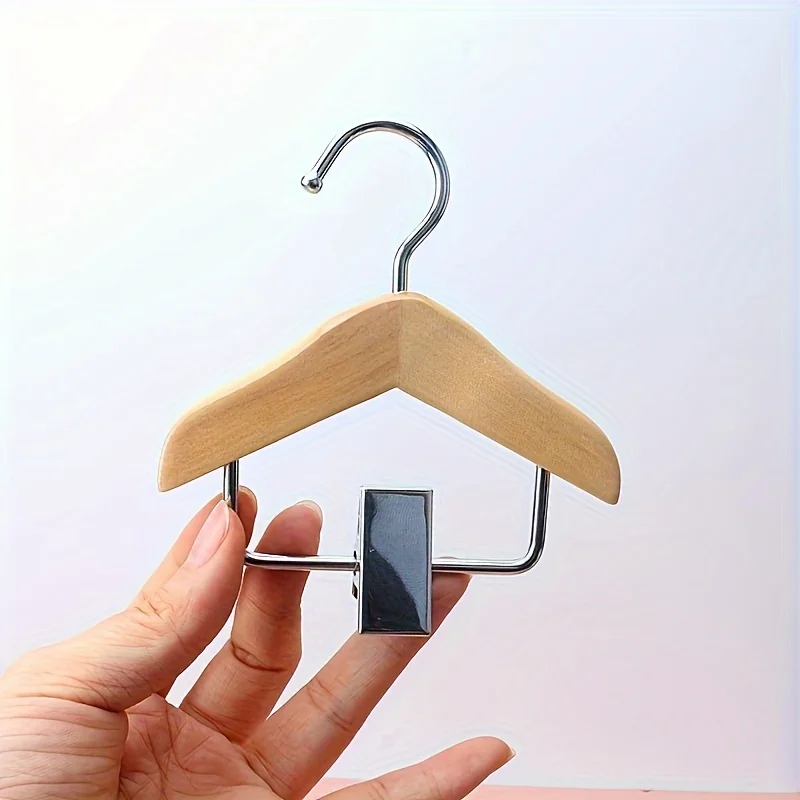 

10-Pack Mini Wooden Hangers with Stainless Steel Clips, Polished Space-Saving Hangers for Clothing & Accessories