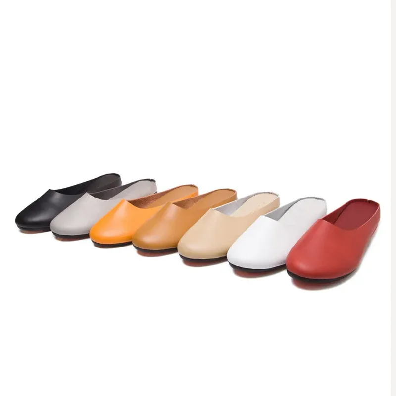 Women Slippers 2026 Spring New Genuine Leather Women Shoes big Size 41 42 43 Flat Casual Summer Half Slippers Women