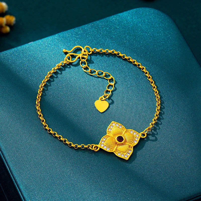 

Уникальный браслет для женщин из 24-каратного золота AU999 в дворцовом стиле с инкрустацией бриллиантами в виде цветов, неброская роскошь и неповторимая ретро-эстетика.