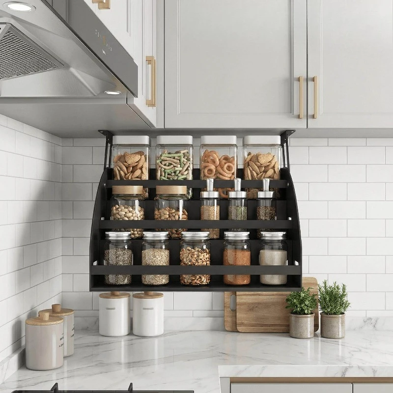 

Heavy-duty Pull-down Cabinet Spice Rack, Lift-up Adjustable Basket Organizer for Wide Tall Kitchens Cupboard with Sturdy Rail.