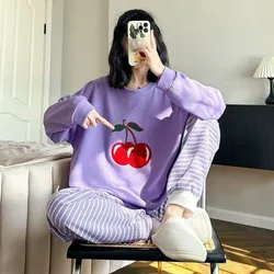 100kg Plus Size Women Spring Sleepwear Korean Student Girls Pajamas Set O-neck Long Sleeve Pant Homewear Faux Cotton Nightwear