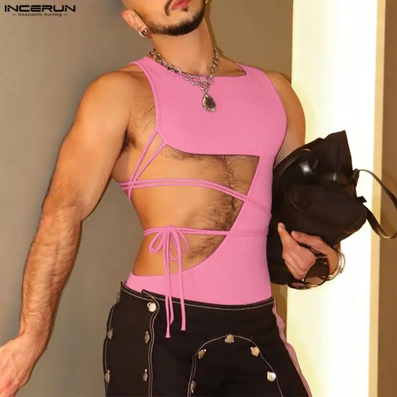 INCERUN Men's Irregular Tank Tops Solid Color Sleeveless Hollow Out Male Vests Summer Lace Up Sexy Fashion Men Clothing Tops