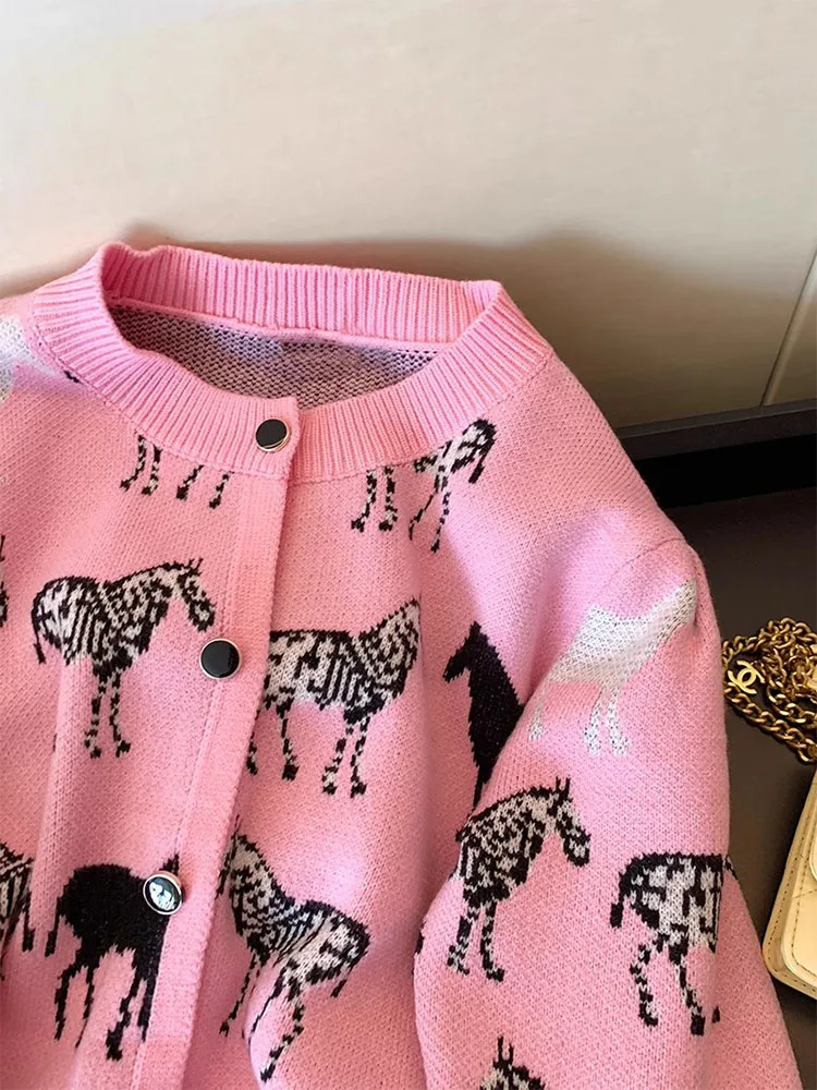 Koreańska moda damska Słodkie swetry rozpinane Jednorzędowe O-Neck Różowy Kawaii Cartoon Animal Sweter Casual Luźna dzianinowa odzież wierzchnia