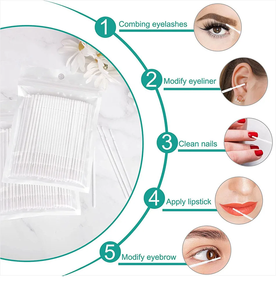 100 hisopos de algodón de maquillaje nano ultrafinos para extensiones de delineador de ojos y pestañas: sin fragancia, cerdas de poliéster, mango de Abs